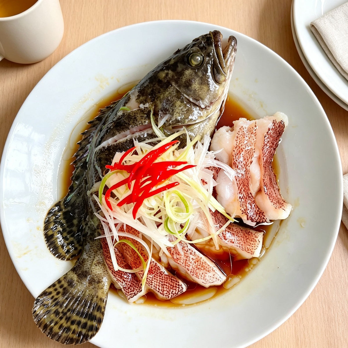Fresh Whole Grouper, Steamed & Garnished